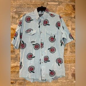 Wrangler vintage cowboy cut blue button-up shirt Aztec feathers western USA 16.5